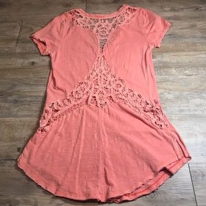 Free People Lace Back Pink Short Sleeve Tee